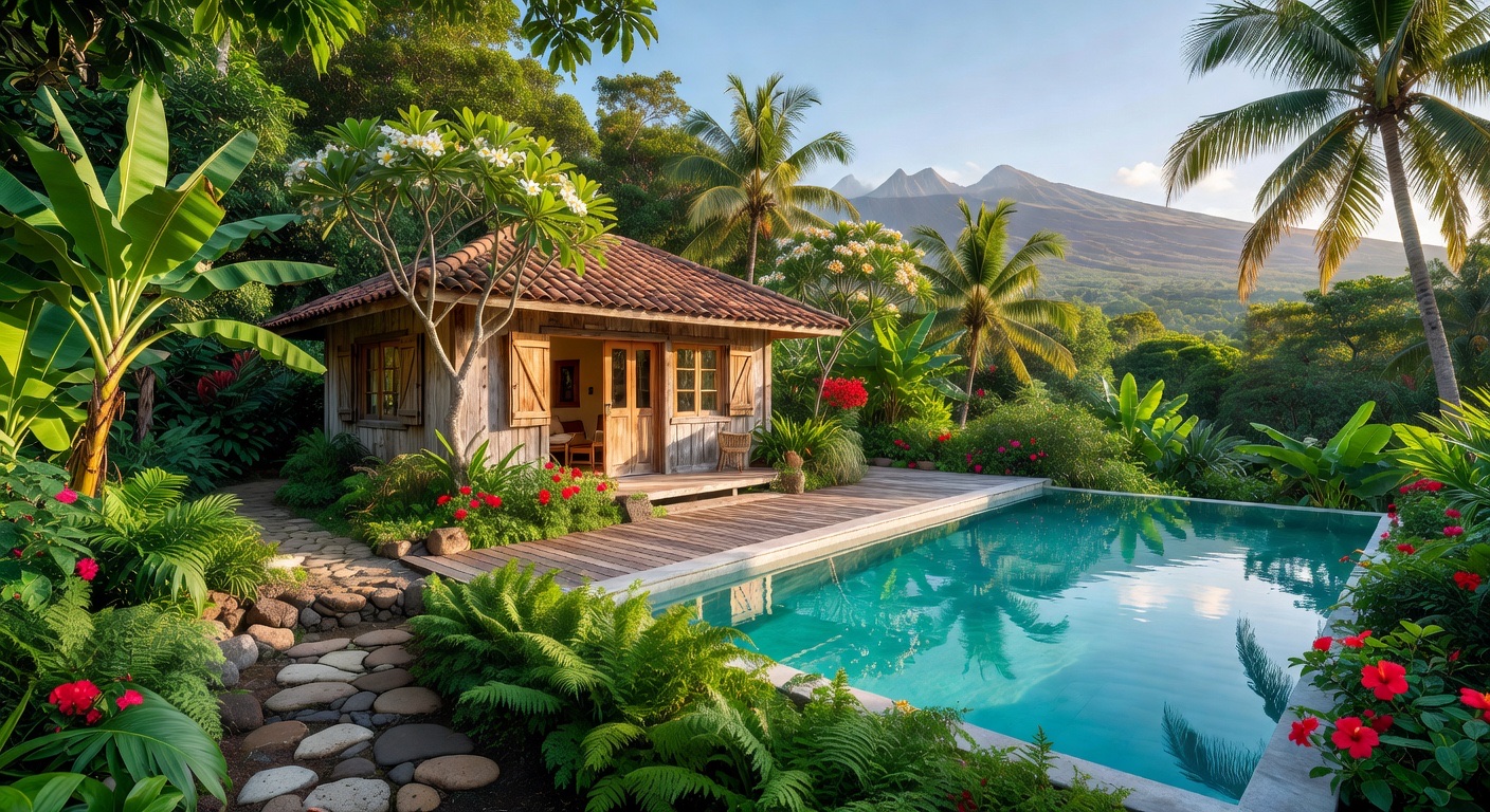 Gîte avec piscine à La Réunion entouré de végétation tropicale
